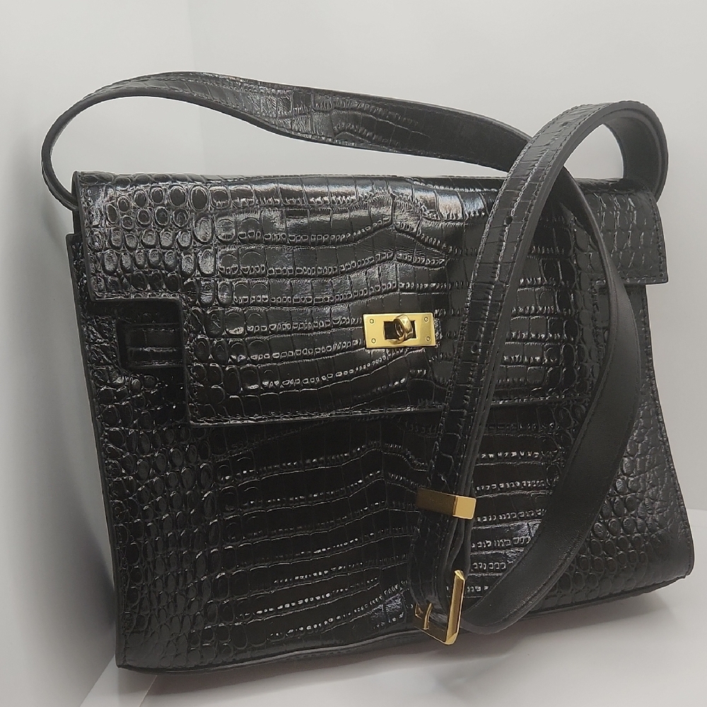 C.Paravano Chic Black Crocodile-Patterned Shoulder Bag